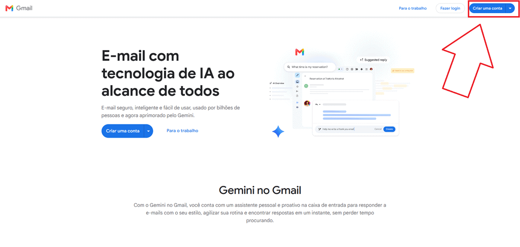 Página inicial do gmail com o botão criar uma conta destacado
