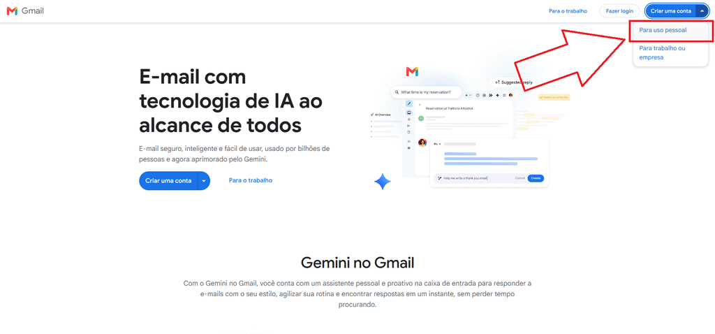 Menu criar uma conta do gmail com a opção para uso pessoal destacada