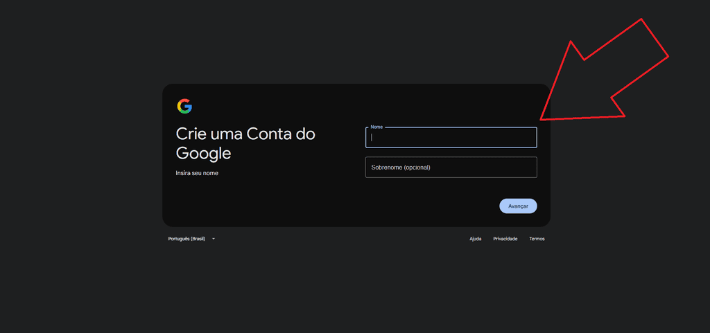 Formulário da conta google com campos nome e sobrenome