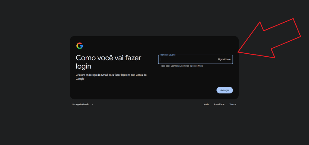 Tela para escolher o nome de usuário do novo endereço gmail