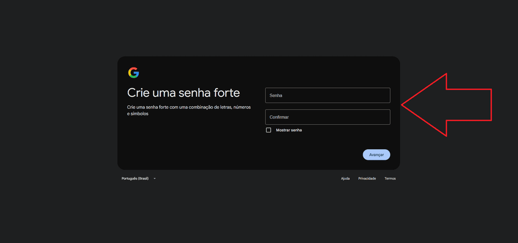 Tela da conta google com campos para criar e confirmar uma senha forte