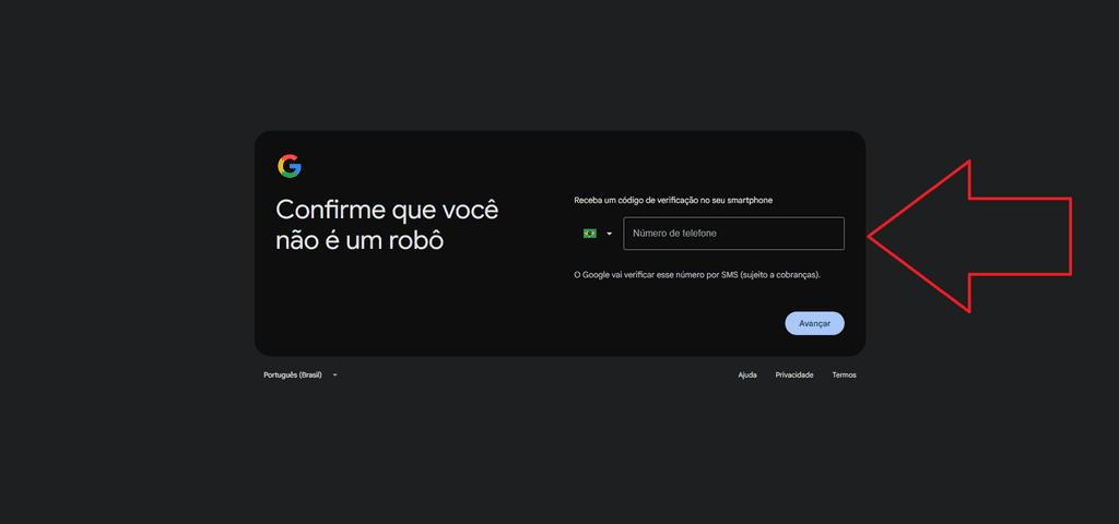 Tela de verificação da conta google com campo para código recebido no telefone