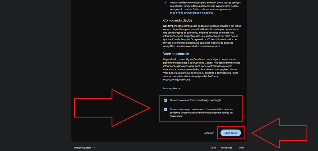 Tela final da conta google com consentimentos e botão criar conta