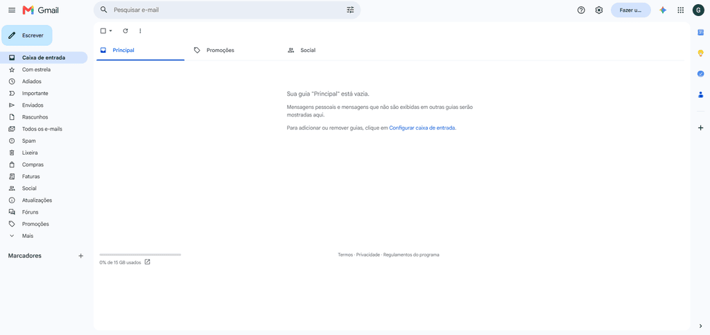 Caixa de entrada do gmail aberta após a criação da nova conta