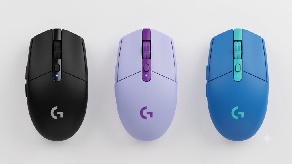 Logitech g305 lightspeed em suas diferentes cores: preto, lilás e azul (imagem: logitech / edição: gemini)