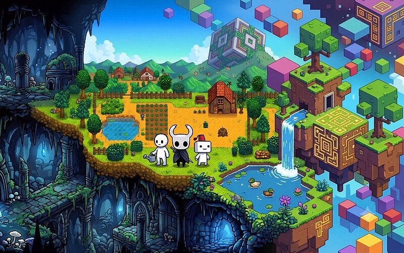 Imagem gerada por ia de hollow knight, stardew valley e fez os 20 melhores jogos indie do nintendo switch