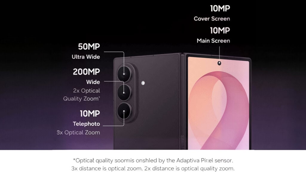 Traseira do galaxy z fold8 ultra com o conjunto de três câmeras detalhado: 200 mp principal, 50 mp ultrawide e 10 mp teleobjetiva com zoom óptico de 3x, além das câmeras frontais de 10 mp nas telas de capa e principal, parte das especificações do galaxy z fold8 ultra