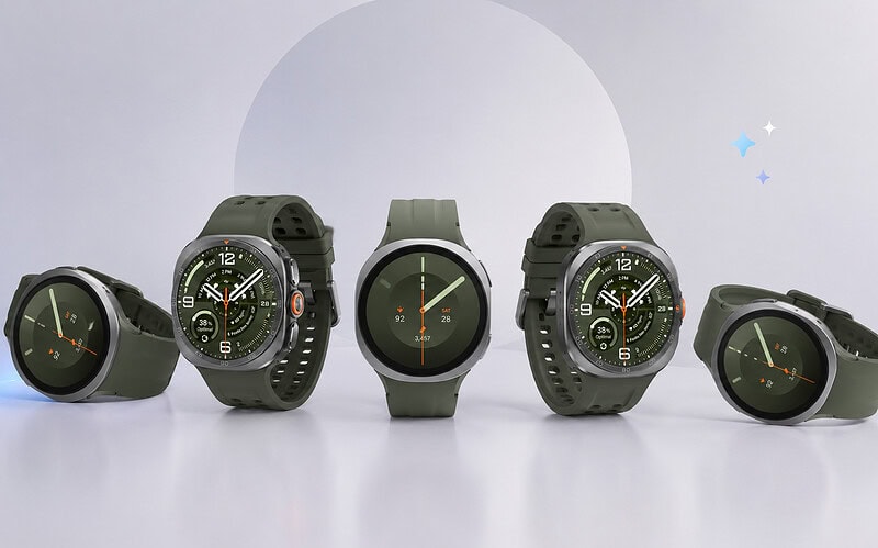 Renders oficiais vazados do galaxy watch9 e do galaxy watch ultra2 posicionados lado a lado, destacando o design circular do modelo de entrada e o corpo robusto de titânio da versão topo de linha para o galaxy unpacked 2026