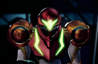 Samus aran em sua armadura power suit vermelha e dourada com visor verde brilhante em imagem ilustrativa de metroid dread, usada para representar metroid ravenous, sequência de metroid dread que vazou no brasil
