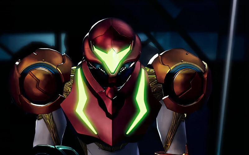 Samus aran em sua armadura power suit vermelha e dourada com visor verde brilhante em imagem ilustrativa de metroid dread, usada para representar metroid ravenous, sequência de metroid dread que vazou no brasil