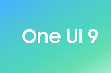 Logotipo da one ui 9 sobre fundo em degradê azul e verde
