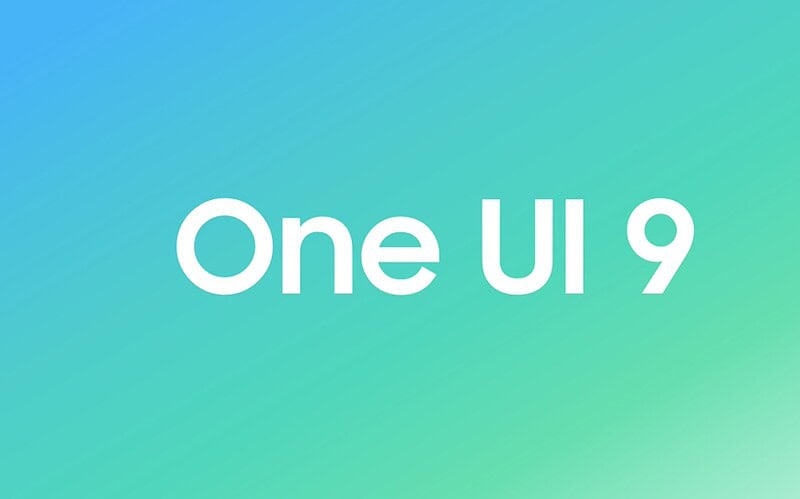 Logotipo da one ui 9 sobre fundo em degradê azul e verde
