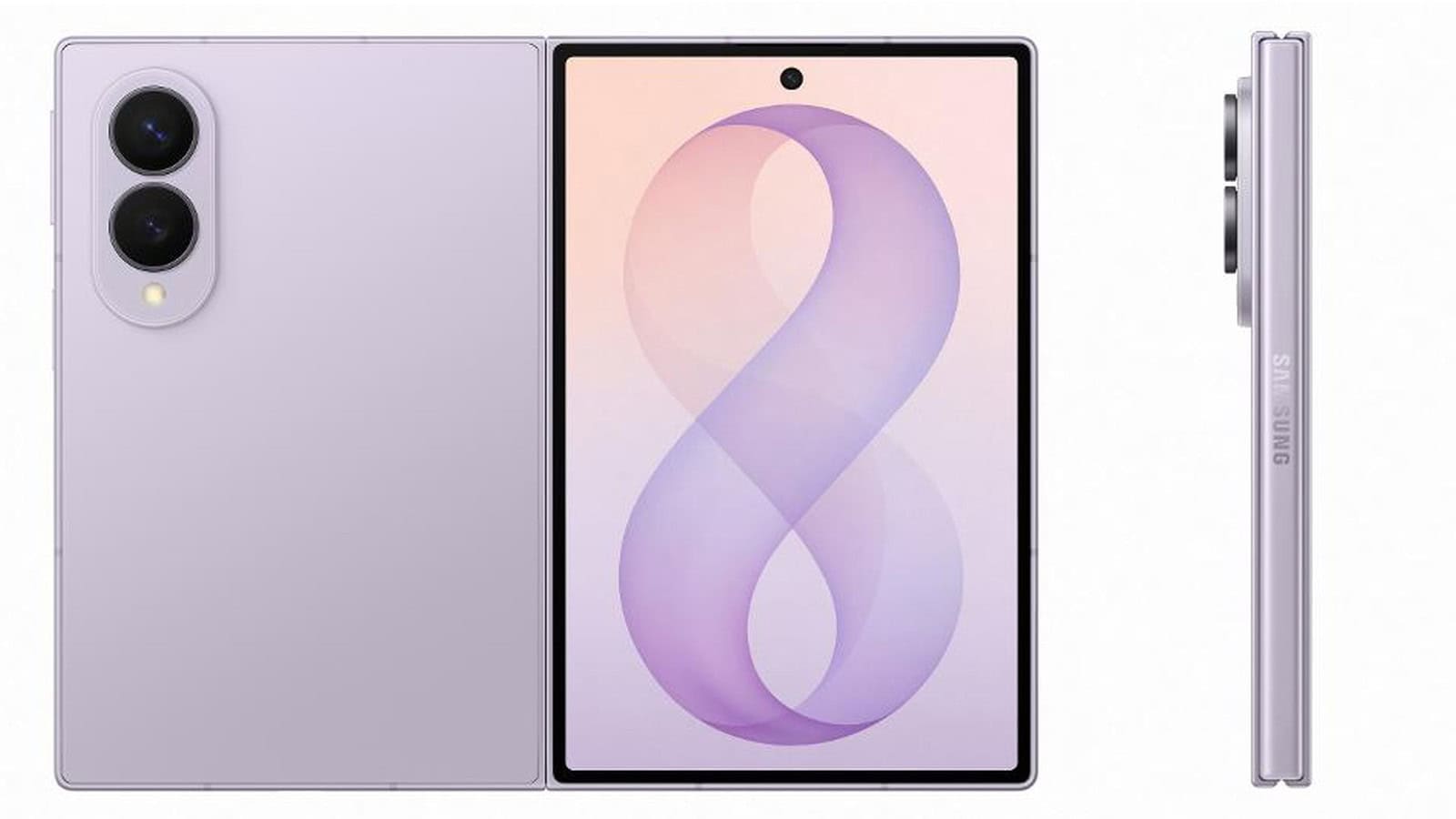 Galaxy z fold8 na cor lavanda visto de três ângulos, traseira com câmera dupla, frente aberta com um "8" estilizado na tela e perfil lateral fino