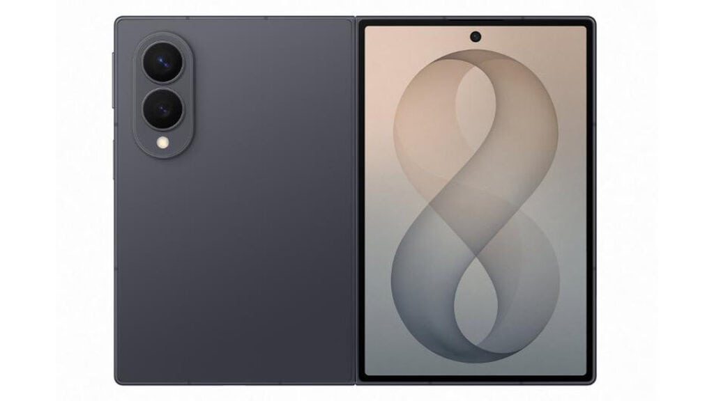 Traseira do galaxy z fold8 com câmera dupla ao lado da tela interna exibindo um padrão gráfico em formato de "8"