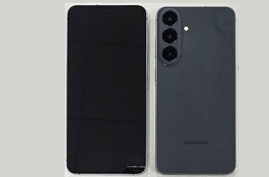 Galaxy s26 fe visto de frente e de costas em fotografia de certificação