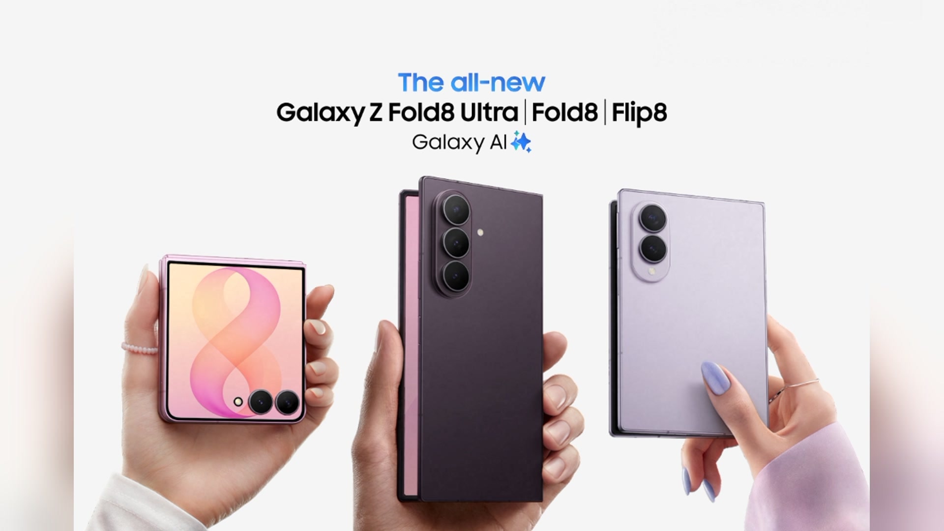 Galaxy z flip8, z fold8 ultra e z fold8 exibidos lado a lado