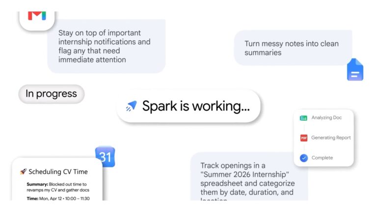 Interface do gemini spark mostra o agente trabalhando com gmail, agenda, documentos e planilhas