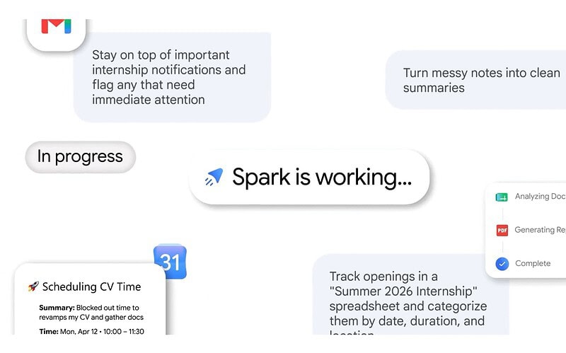 Interface do gemini spark mostra o agente trabalhando com gmail, agenda, documentos e planilhas