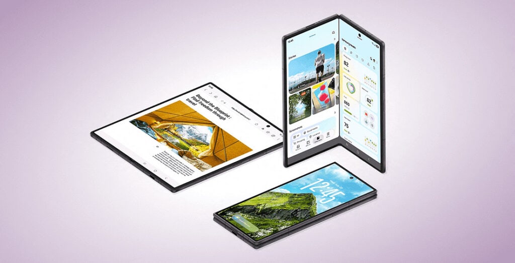 Galaxy z fold8 ultra em três posições sobre fundo lilás: aberto com a tela interna exibindo uma revista de viagem, dobrado ao meio mostrando o app samsung health e fechado com a tela de capa no relógio 12:45