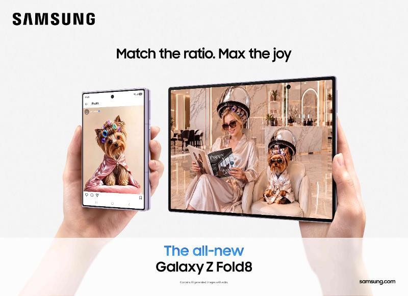 Galaxy z fold8 fechado e aberto lado a lado, ilustrando a diferença de proporção entre a tela de capa e a tela interna