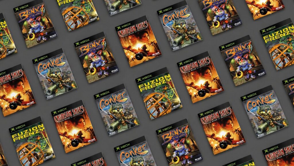 Mosaico com capas de jogos do xbox original no pc como blinx: the time sweeper, conker: live & reloaded, crimson skies e fuzion frenzy espalhadas em fundo escuro. Jogos clássicos de xbox no pc