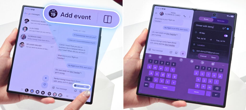 Galaxy z fold8 aberto exibindo uma conversa de mensagens com sugestão de criar evento no calendário, recurso da one ui 9
