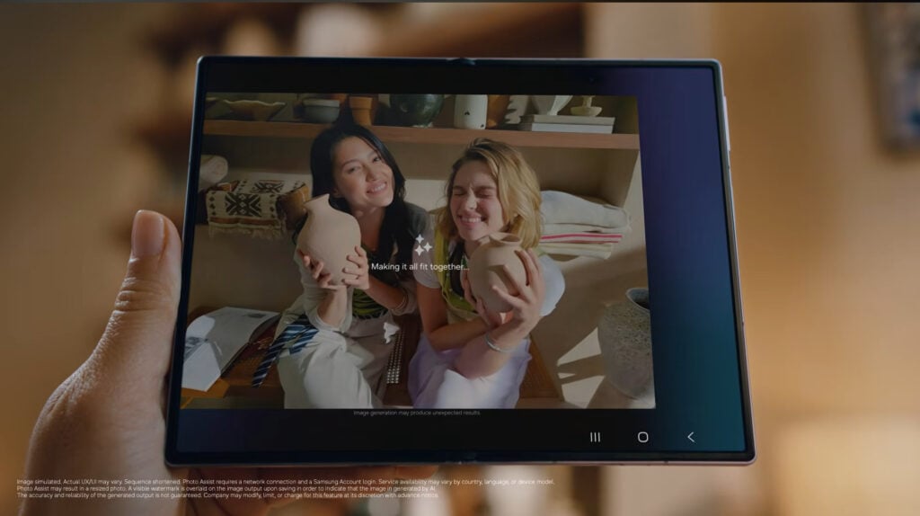 Recurso de galaxy ai no galaxy z fold8 combinando duas fotos em uma única imagem com o aviso "making it all fit together"