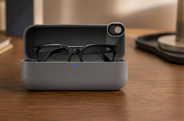 Óculos inteligentes galaxy glasses aparecem dentro do estojo de carregamento aberto sobre uma mesa