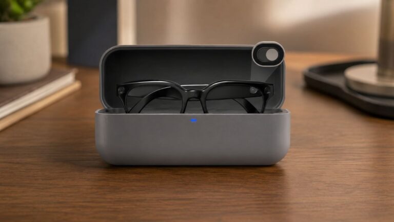 Les lunettes connectées Galaxy Glass apparaissent dans un étui de chargement ouvert, posé sur une table.