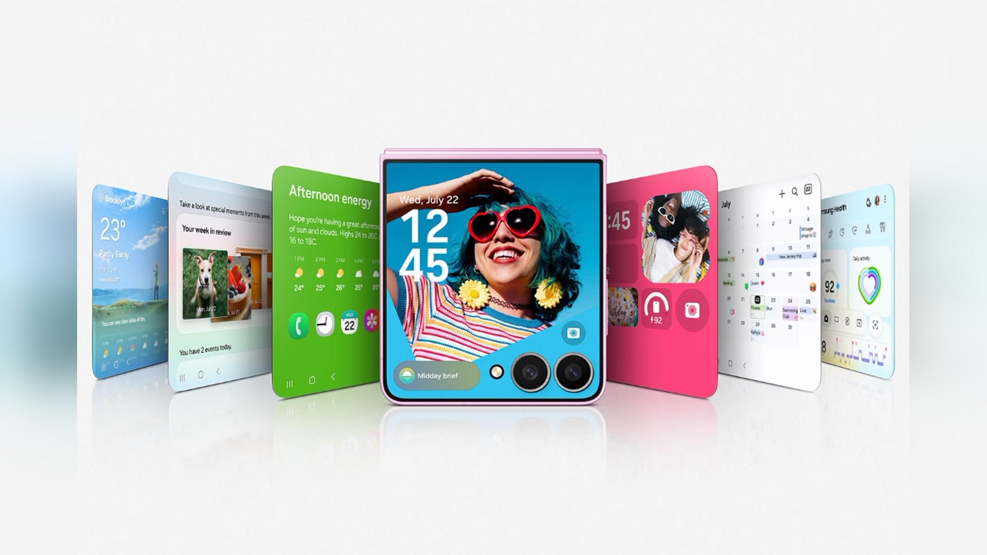 Galaxy z flip8 cercado por cartões de informações personalizadas do now brief