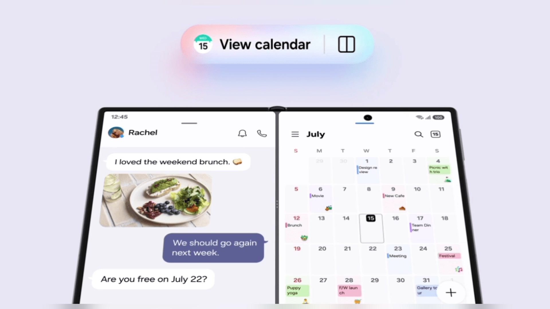 Galaxy dobrável mostra conversa e calendário abertos lado a lado com sugestão do now nudge