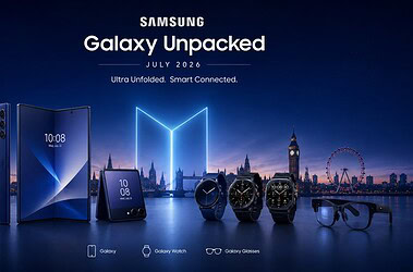 Banner do galaxy unpacked july 2026 mostra dobráveis galaxy, relógios galaxy watch e óculos galaxy glasses diante do horizonte de londres.