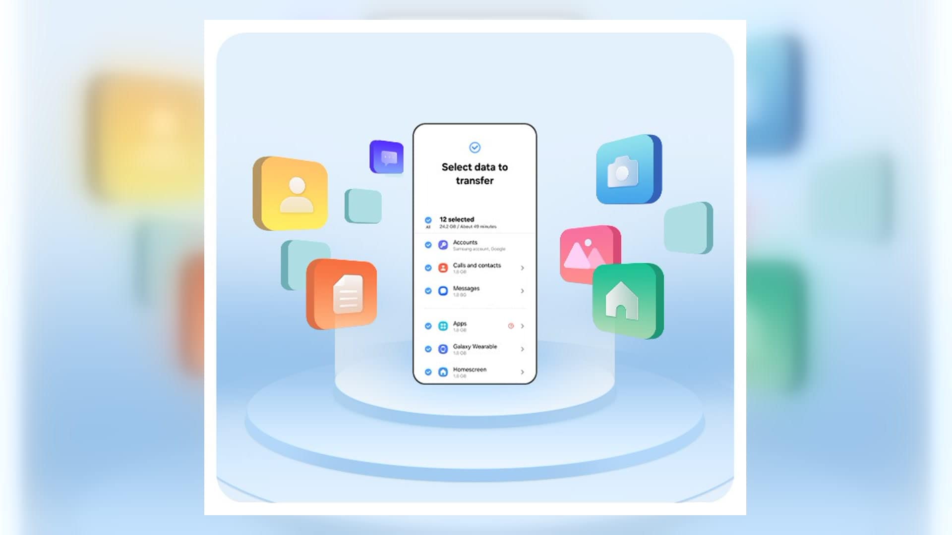 Tela do smart switch exibe contas, contatos, mensagens, aplicativos, dispositivos vestíveis e tela inicial entre os dados selecionados