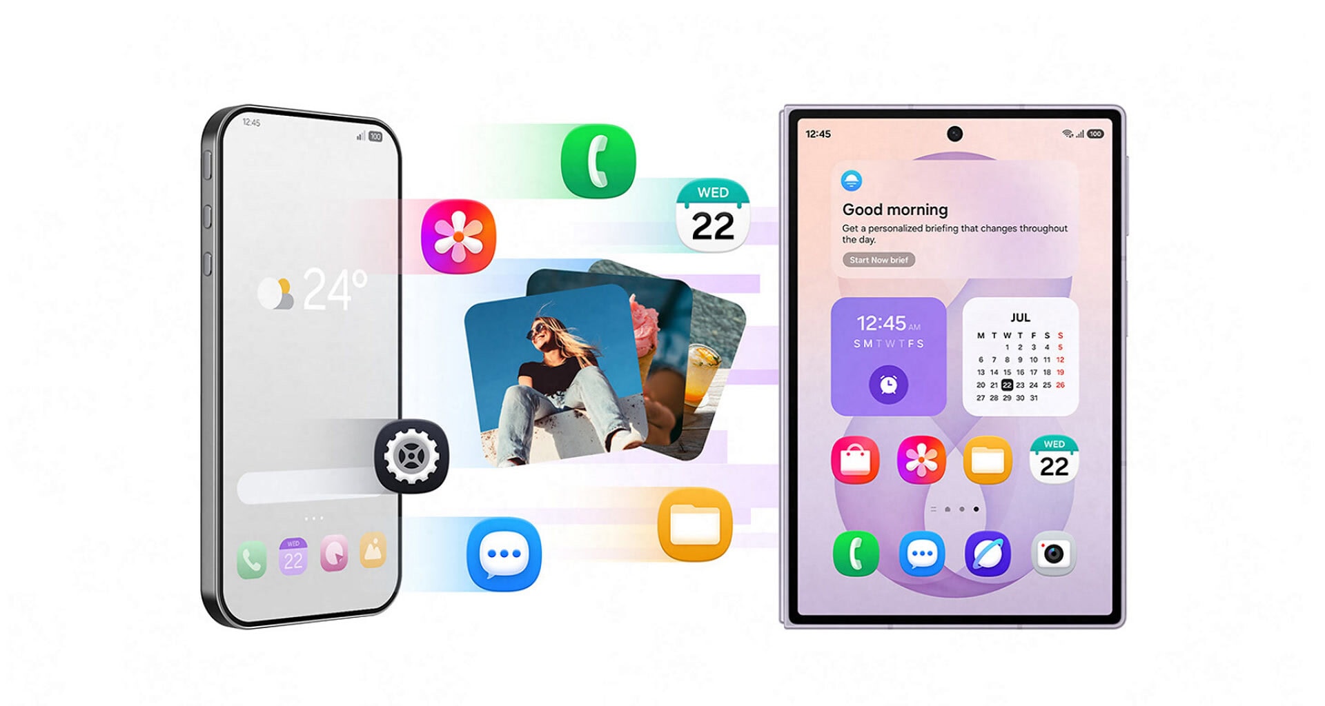 Iphone e smartphone galaxy aparecem conectados por ícones de fotos, contatos, mensagens, calendário e configurações