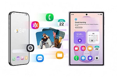 Iphone e smartphone galaxy aparecem conectados por ícones de fotos, contatos, mensagens, calendário e configurações