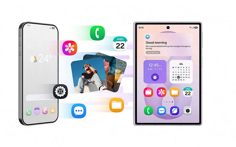 Iphone e smartphone galaxy aparecem conectados por ícones de fotos, contatos, mensagens, calendário e configurações