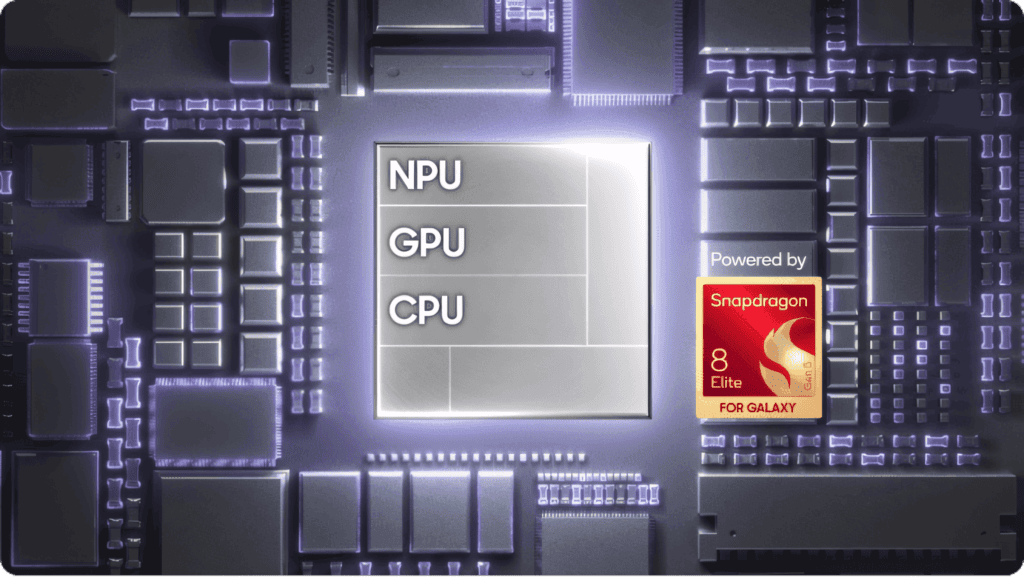 Ilustração do chip snapdragon 8 elite gen 5 for galaxy sobre uma placa de circuito, com os blocos de npu, gpu e cpu em destaque, parte das especificações do galaxy z fold8