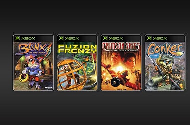 Capas dos jogos blinx: the time sweeper, fuzion frenzy, crimson skies e conker: live & reloaded alinhadas, representando jogos do xbox original no pc.