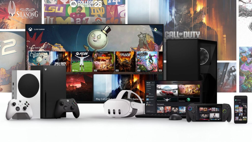 Ilustração exibindo o ecossistema xbox integrado em várias telas, consoles, pcs, notebooks e óculos de realidade virtual.
