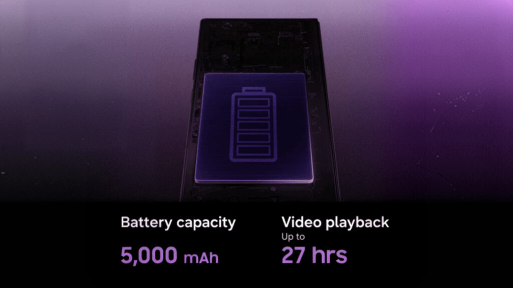 Ilustração do módulo de bateria do galaxy z fold8 ultra com capacidade de 5. 000 mah e autonomia de até 27 horas de reprodução de vídeo