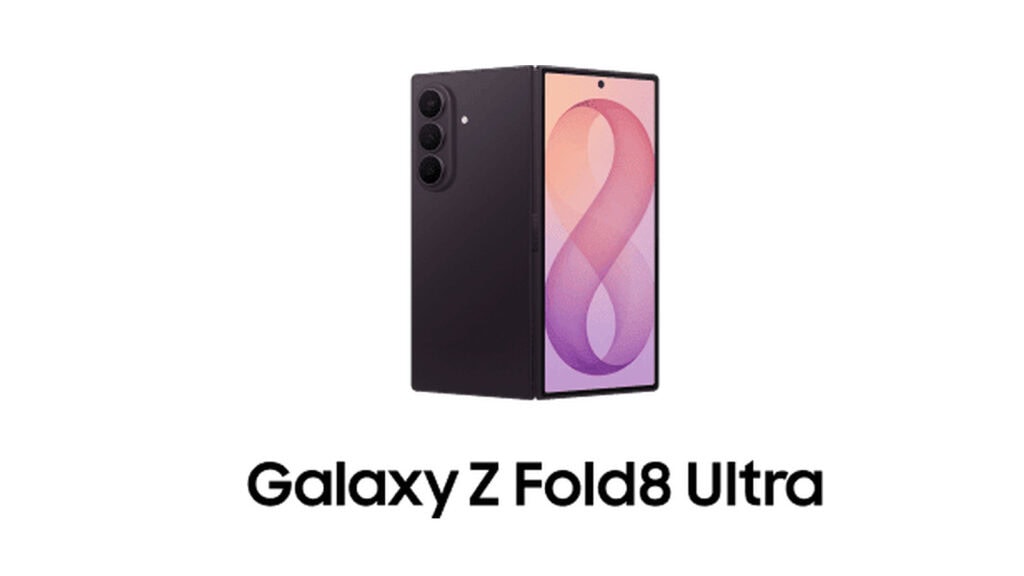 Galaxy z fold8 ultra meio dobrado em formato de livro, mostrando as três câmeras traseiras e a tela interna com um "8" estilizado, com o nome do modelo abaixo