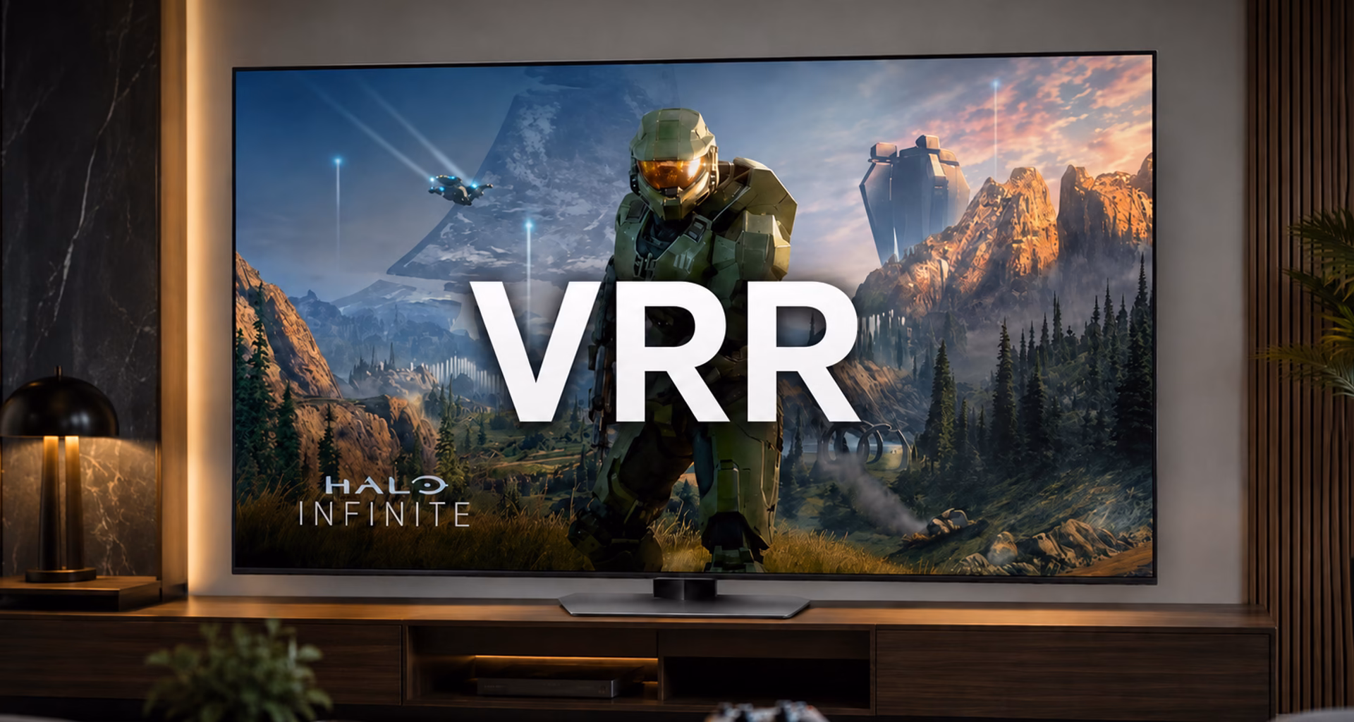 Smart tv em uma sala de estar moderna exibindo o jogo halo infinite e a sigla vrr em destaque branco no centro da tela, ilustrando o que é vrr e como a taxa de atualização variável funciona em jogos.