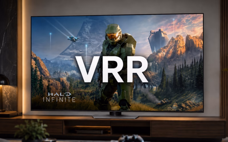 Smart tv em uma sala de estar moderna exibindo o jogo halo infinite e a sigla vrr em destaque branco no centro da tela, ilustrando o que é vrr e como a taxa de atualização variável funciona em jogos.