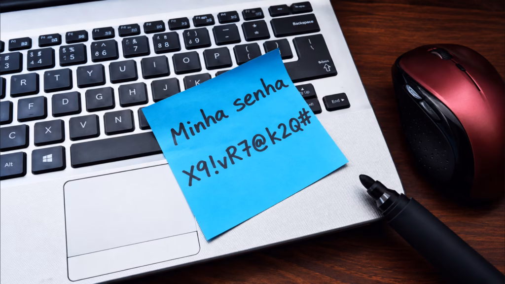 Como criar uma conta de e-mail do outlook Bloco adesivo azul sobre o teclado de um computador com anotação de senha complexa contendo números, letras e caracteres especiais.