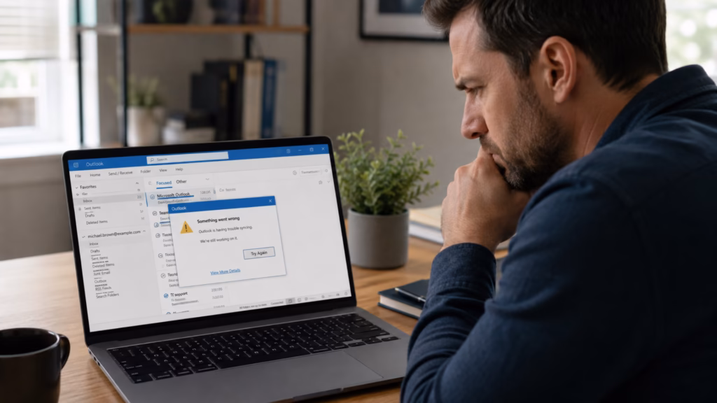 Como criar uma conta de e-mail do outlook Usuário em frente ao computador analisando aviso de erro de sincronização e conexão na tela do aplicativo outlook.
