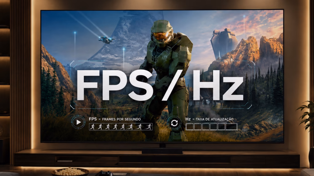 O que é vrr: entenda a taxa de atualização variável em monitores e tvs Tela de smart tv com o jogo halo infinite explicando a relação entre fps, que são os quadros por segundo, e hz, que representa a taxa de atualização da tela, base para o funcionamento da taxa de atualização variável.