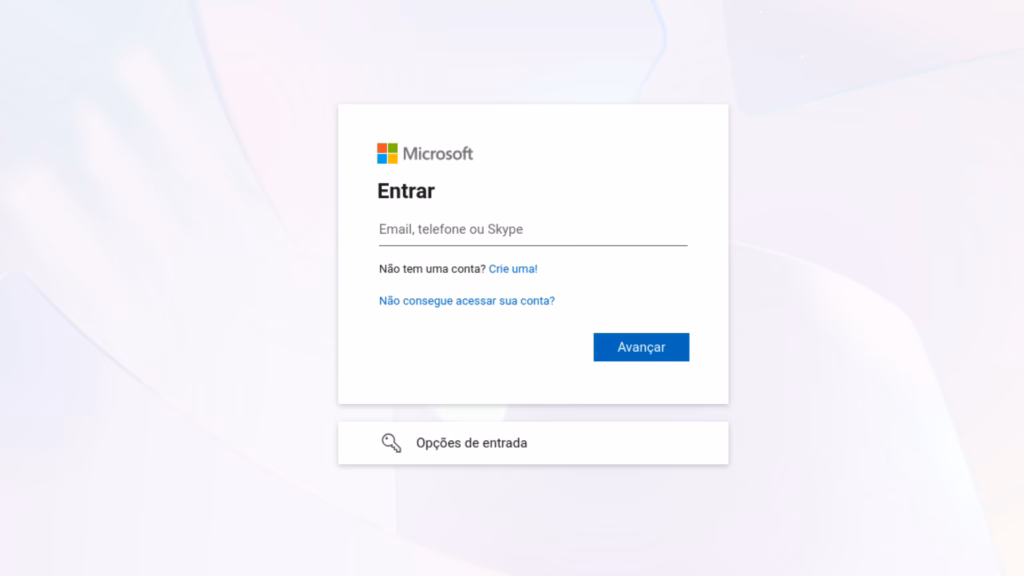 Como criar uma conta de e-mail do outlook Tela de login da conta microsoft em fundo claro com formulário de autenticação e link crie uma conta para novos usuários.
