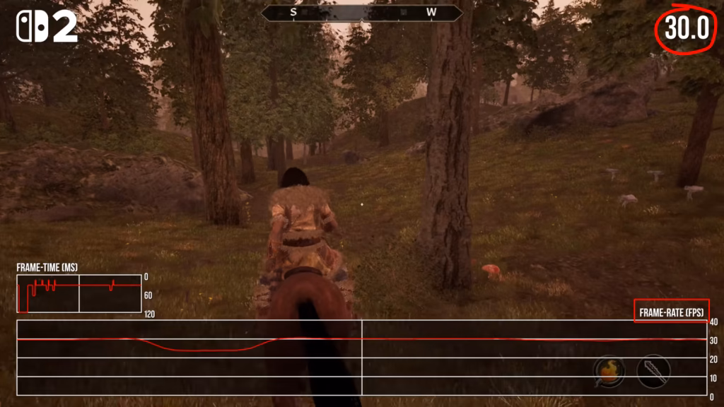 O que é vrr: entenda a taxa de atualização variável em monitores e tvs Captura de tela de análise técnica da digital foundry exibindo jogo a 30 fps com gráficos de oscilação de frame-rate e frame-time, mostrando por que a taxa de atualização variável e o vrr ajudam na estabilidade visual.