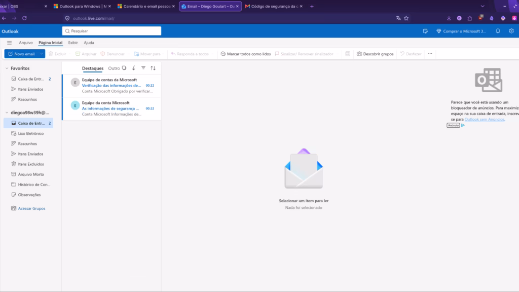 Como criar uma conta de e-mail do outlook Caixa de entrada do outlook. Com aberta no navegador após o término do cadastro, exibindo menus de pastas e mensagens iniciais.