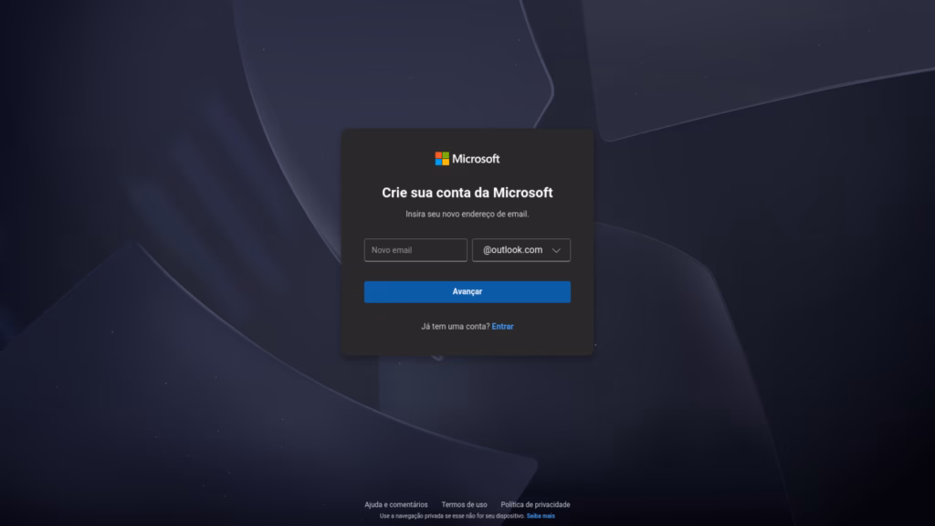 Como criar uma conta de e-mail do outlook Tela de criação de conta da microsoft exibindo campo para digitar o novo nome de usuário e selecionar o domínio @outlook. Com.